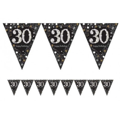 Festone Bandierine 30 ANNI Oro Argento Nero LUCIDO prismatico Bandiere in PVC