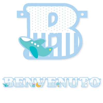 Festone in carta BENVENUTO Bianco e Celeste Ghirlanda decorativa nascita bambino