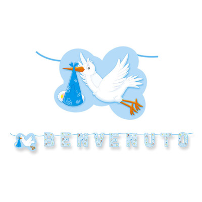 Festone in carta BENVENUTO Cicogna Azzurro - Ghirlanda decorativa nascita bambo