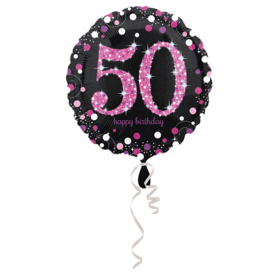 Palloncino foil mylar 50 ANNI colore NERO e ROSA/FUXIA con stampa olografica - 45 cm