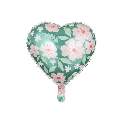 Pallone Palloncino a forma di cuore verde con fiori rosa fantasia floreale -45cm