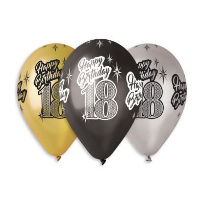 set 10 PALLONCINI stampa "18 ANNI" in LATTICE colore ass. ORO, NERO e ARGENTO