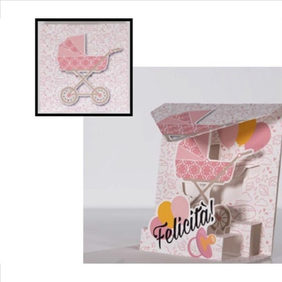Biglietto augurale ORIGAMO Nascita Bambina Bimba Rosa - auguri Abbracci POP UP