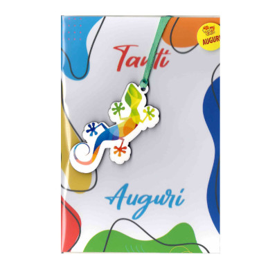 Biglietto augurale TANTI auguri generico - ciondolo in legno geko