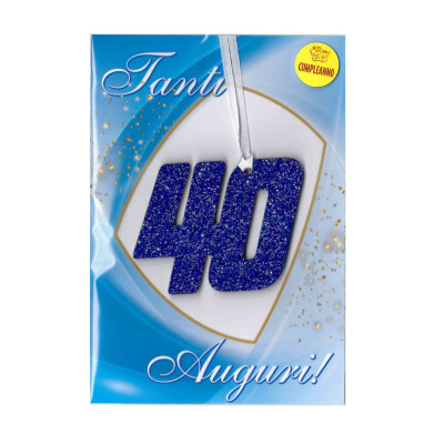 Biglietto d'auguri augurale compleanno 40 anni- con ciondolo in legno 40 blu