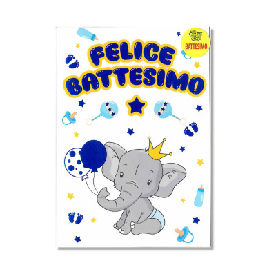 Biglietto d'auguri BATTESIMO bambino bimbo con elefantino con palloncini Celeste