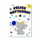 Biglietto d'auguri BATTESIMO bambino bimbo con elefantino con palloncini Celeste
