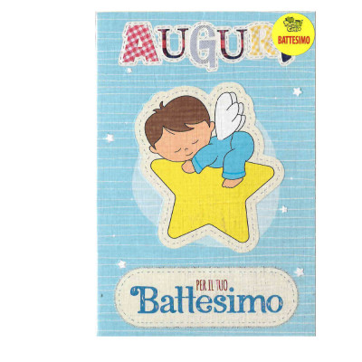 Biglietto d'auguri BATTESIMO Bimbo bambino con angioletto Celeste - con busta