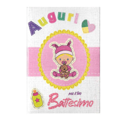 Biglietto d'auguri BATTESIMO con Bimba bambina ROSA - completo di busta