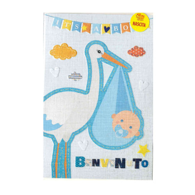 Biglietto d'auguri Nascita Benvenuto Bimbo bambino con cicogna Celeste con busta