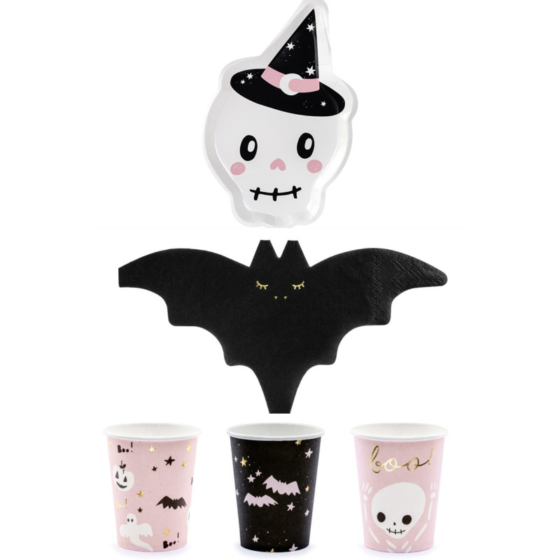 Kit coordinato tavolo HAPPY HALLOWEEN - Viola Rosa e Nero - set Tavola MONOUSO Festa