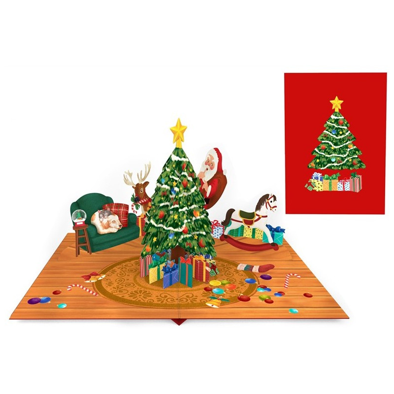 Biglietto d'auguri Origamo addobbo albero di Natale 3D con Doni e Babbo Natale