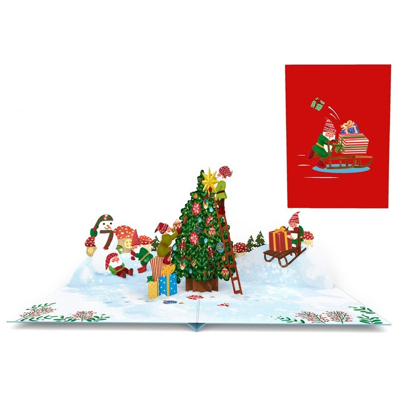 Biglietto d'auguri Origamo addobbo albero di Natale 3D con Doni e Gnomi