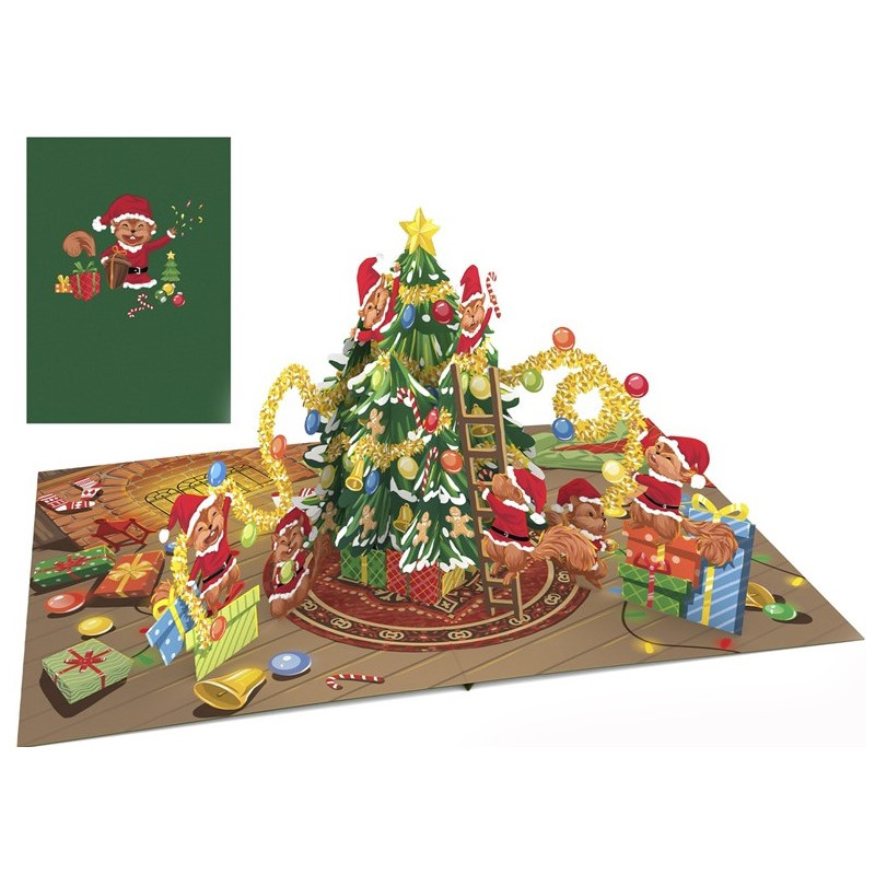 Biglietto d'auguri Origamo addobbo albero di Natale 3D con scoiattoli babbo