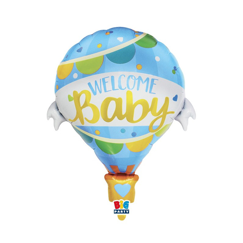Pallone a forma di Mongolfiera WELCOME BABY benvenuto celeste Nascita Bimbo 64x78cm