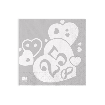 20 Tovaglioli in carta NOZZE D'ARGENTO 25 anni orgento satinato - 25x25cm - 2 veli