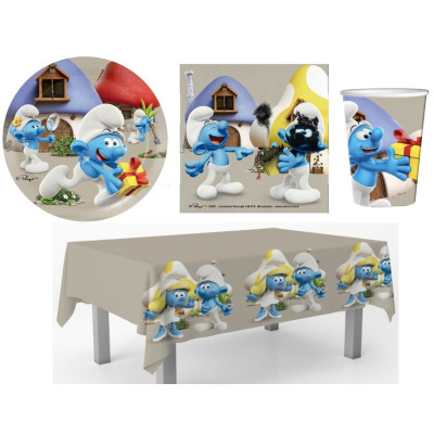 Coordinato tavola PUFFI feste bambini piatti bicchieri tovaglioli tovaglia - 37pezzi