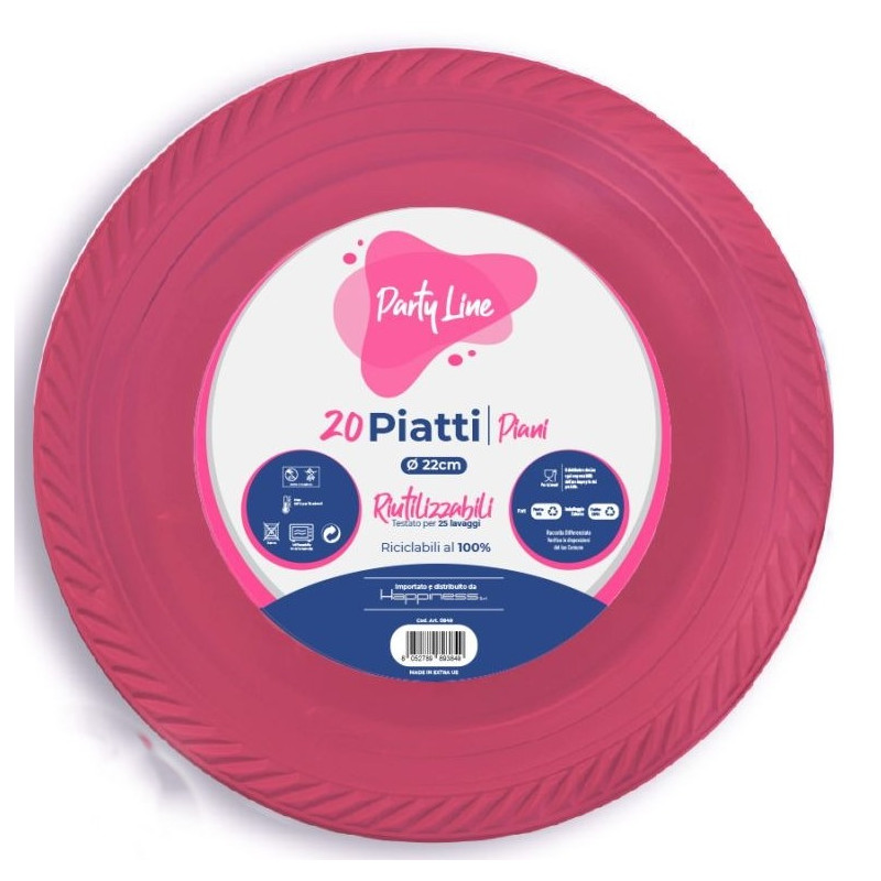20 Piatti FUCSIA in plastica riutilizzabile - patto tondo 22cm - Riciclabili al 100%