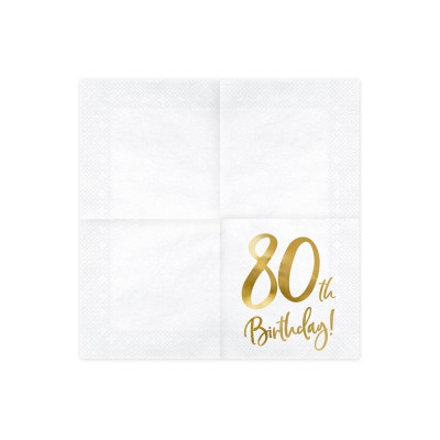 20 TOVAGLIOLI in carta - Bianco con stampa numero 80 ORO lucido - addobbo decoro tavola 33x33 cm