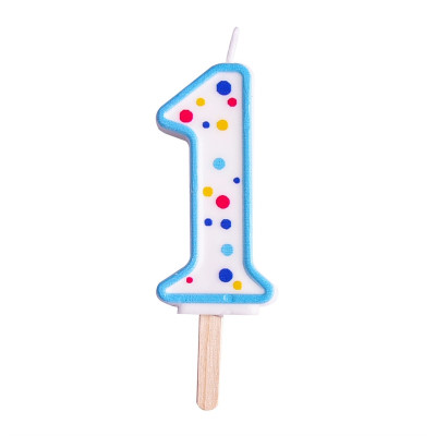 CANDELA numero 1 con bordo CELESTE e pois colorati  per torta - candelina numerale per dolci