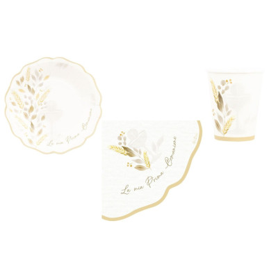 Coordinato feste tavola PRIMA COMUNIONE LIBERTY colore Avorio piatti bicchieri tovaglioli 32 pz