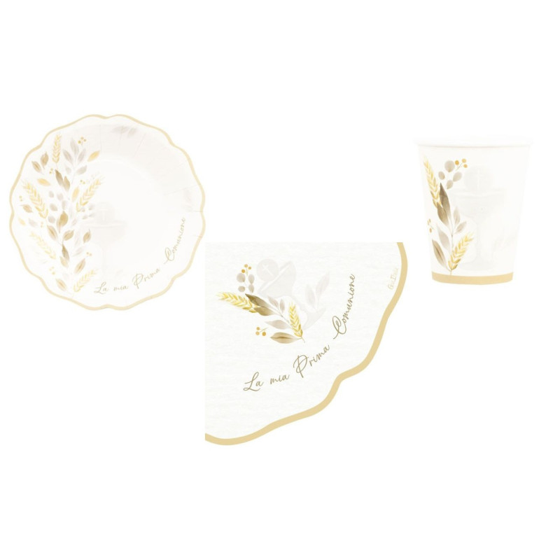 Coordinato feste tavola PRIMA COMUNIONE LIBERTY colore Avorio piatti bicchieri tovaglioli 32 pz