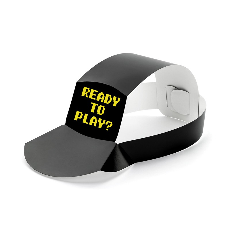 6 CAPPELLINI in carta GAMER in colore nero con stampa in colore giallo neon 38,5x18,5 cm circa