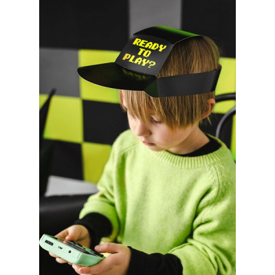 6 CAPPELLINI in carta GAMER in colore nero con stampa in colore giallo neon 38,5x18,5 cm circa