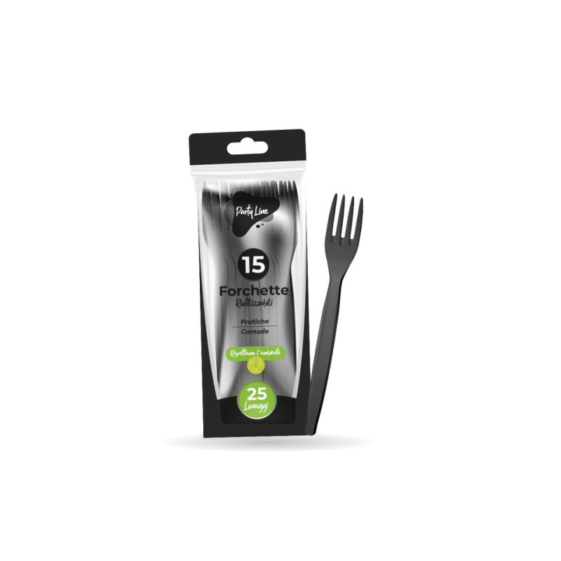 Forchette in plastica riutilizzabile colore NERO - confezione da 15 forchette