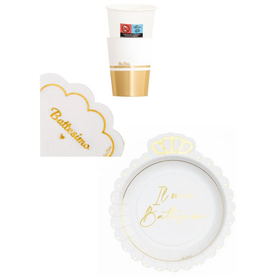Coordinato tavola BATTESIMO piatti CORONA bicchieri tovaglioli