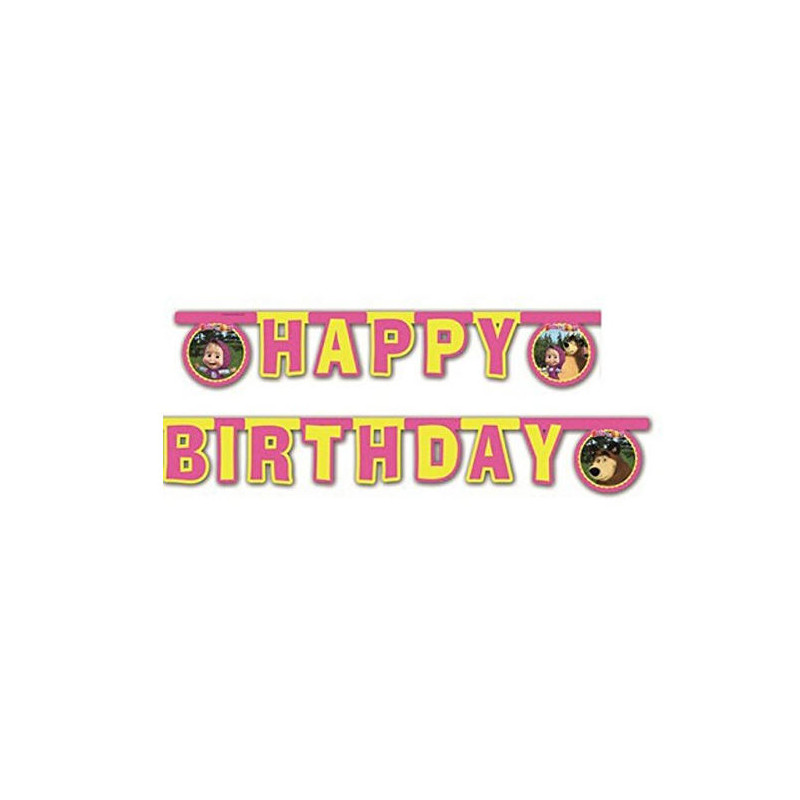 FESTONE MASHA E ORSO - Banner scriscione scritta HAPPY BIRTHDAY - in carta - 2 mt
