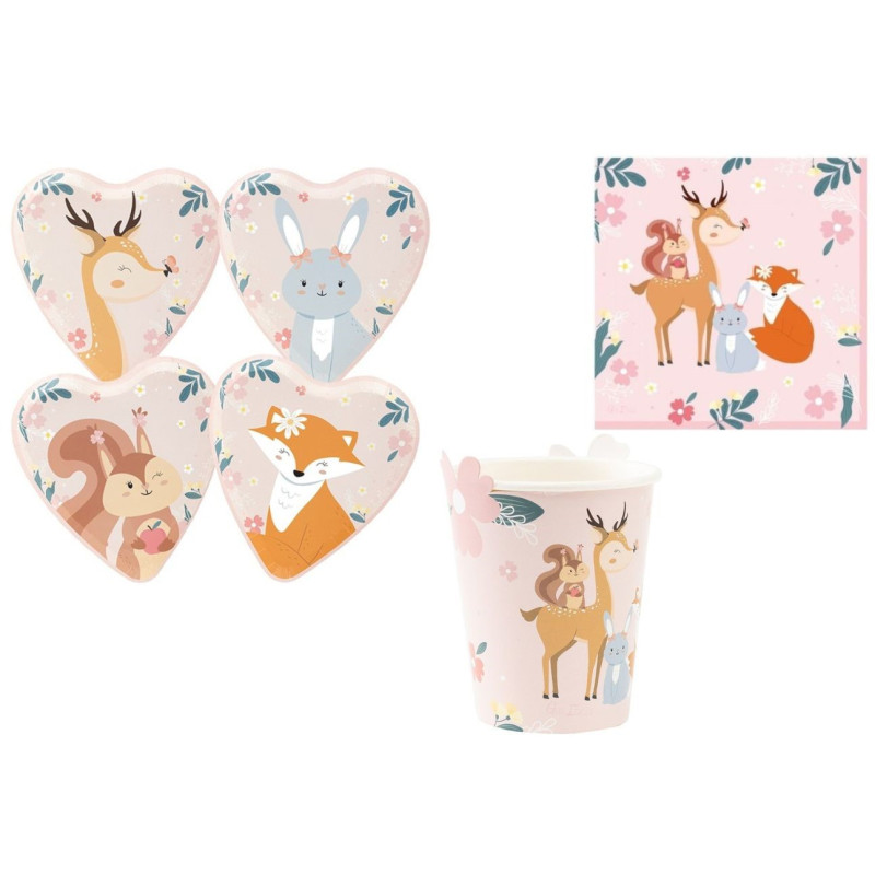 Coordinato feste tavola PRETTY FOREST piatti bicchieri tovaglioli 32 pz