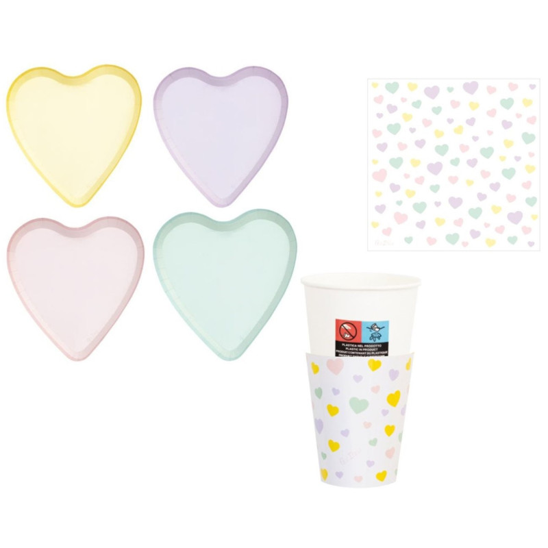 Coordinato feste tavola CUORI CANDY piatti bicchieri tovaglioli 32 pz