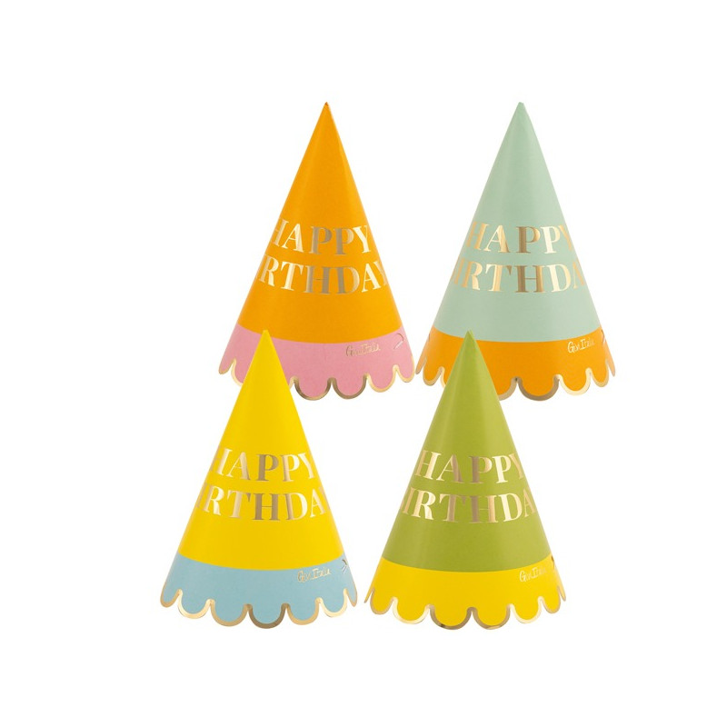 4 CAPPELLINI compleanno HAPPY BIRTHDAY colori assortito e ORO lucido