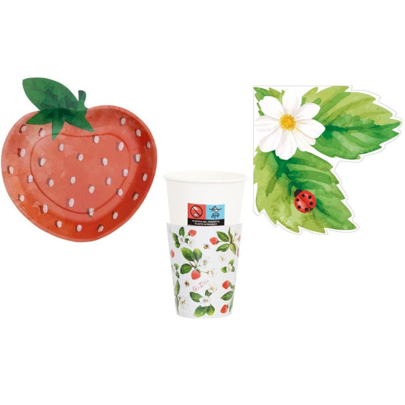 Coordinato feste tavola FRAGOLA COCCINELLA e FIORELLINI  piatti bicchieri tovaglioli 32 pz