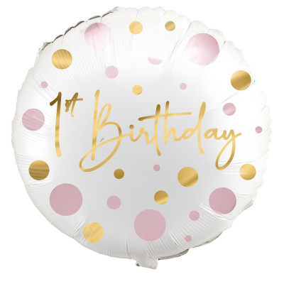 Pallone PALLONCINO 1° compleanno in foil MYLAR pois oro e rosa - gonfiabile ad elio o aria- 46cm