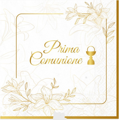 Coordinato feste tavola PRIMA COMUNIONE ELEGANT bianco e oro piatti bicchieri tovaglioli