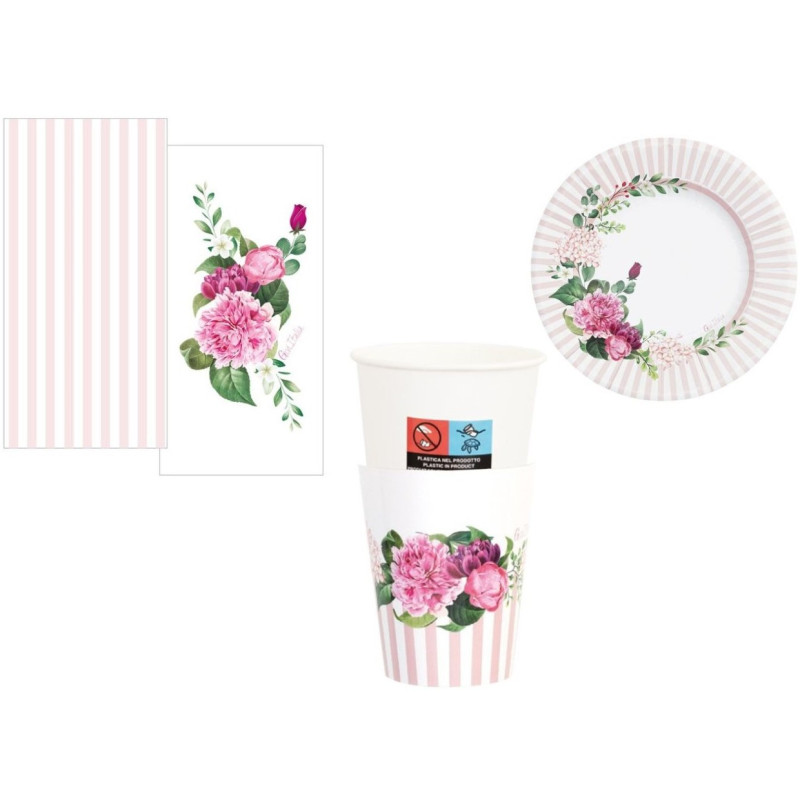 Coordinato festa FLORAL  PINK Peonie rosa piatti piccoli bicchieri tovaglioli