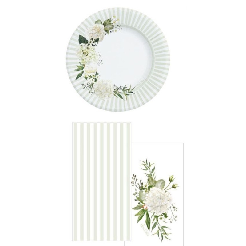 Coordinato festa FLORAL WHITE  Peonie bianco piatti piccoli, tovaglioli