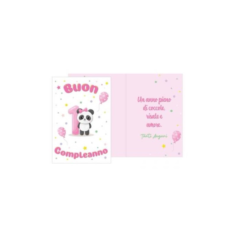 Biglietto 1 Compleanno Rosa Bimba con ciondolo Panda e mumero 1  in legno