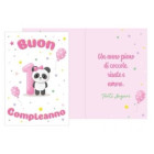 Biglietto 1 Compleanno Rosa Bimba con ciondolo Panda e mumero 1  in legno