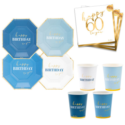 Coordinato tavola 60 Anni gradazioni Blu e Oro Lucido piatti bicchieri tovaglioli