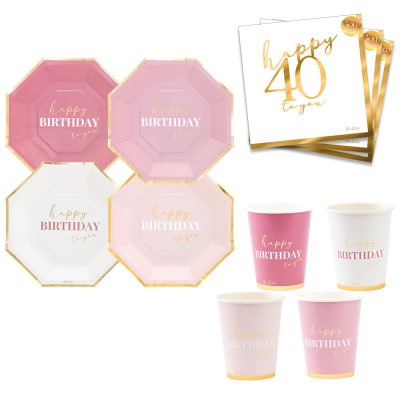 Coordinato tavola 40 Anni gradazioni Rosa e Oro Lucido piatti bicchieri tovaglioli