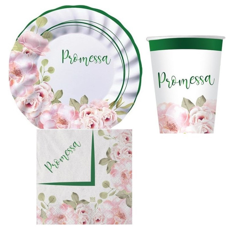 Coordinato feste tavola PROMESSA con fiori piatti bicchieri tovaglioli