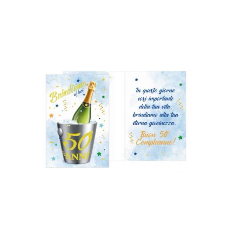Biglietto d'auguri augurale 50 anni Compleanno con bottiglia spumante - completo di busta