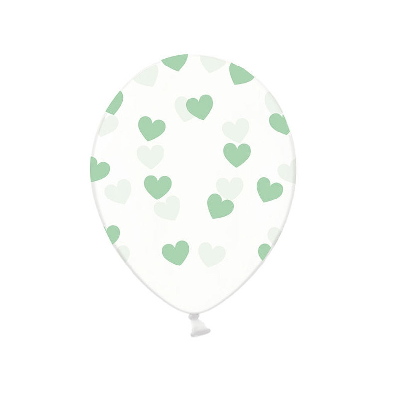 10 PALLONCINI in lattice Crystal Clear TRASPARENTE con POIS a cuore VERDE ACQUA