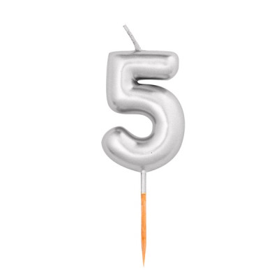CANDELA numero 5 ARGENTO lucido per torta - candelina in cera numerale per dolci