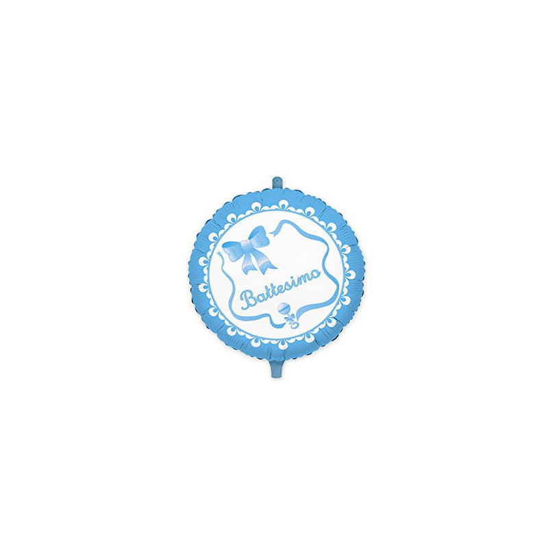 Pallone BATTESIMO con stampa  fiocco e sonagli CELESTE - in foil Mylar gonfiabile ad aria o elio Ø45cm