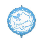 Pallone BATTESIMO con stampa  fiocco e sonagli CELESTE - in foil Mylar gonfiabile ad aria o elio Ø45cm