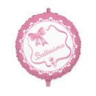 Pallone BATTESIMO con stampa  fiocco e sonagli ROSA - in foil Mylar gonfiabile ad aria o elio Ø45cm